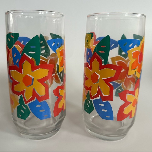 Vintage 1980's Libbey Tropical Flower Glass Set of 2 - Picture 1 of 7